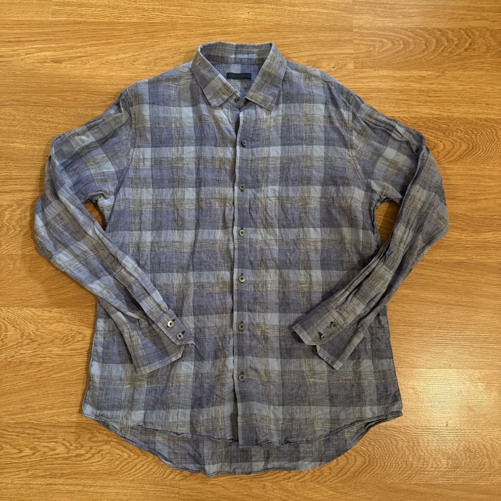 Zachary Prell Shirt Men's Medium 100% Linen‎ Blue/Gray Plaid Long Sleeve Preppy